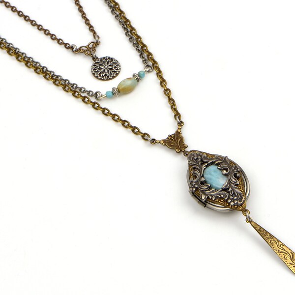 Boho layered necklace set. Multi chain locket necklace with blue Larimar gemstone, mixed metals vintage style inspirational hope message.