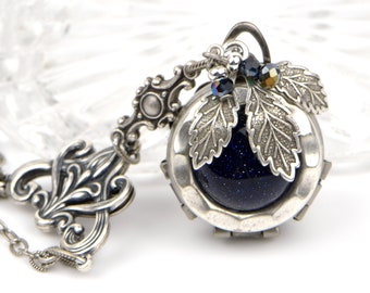 Midnight Blue Sandstone Multi Photo Locket Necklace for Women, Holds 4 Photos. Unique Antique Silver Locket with Leaves and Crystal Beads.