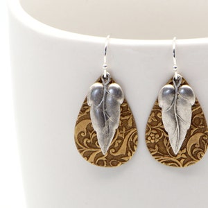 Silver Leaf Earrings, Mixed Metal Rustic Boho Style Lightweight Everyday Nature Inspired Jewelry. Silver Leaf with Embossed Brass Teardrop. image 3