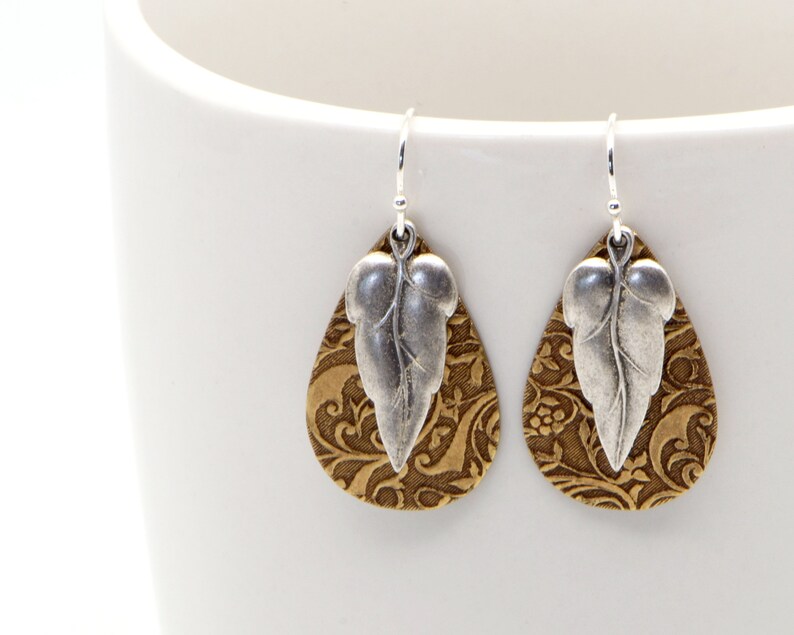 Silver Leaf Earrings, Mixed Metal Rustic Boho Style Lightweight Everyday Nature Inspired Jewelry. Silver Leaf with Embossed Brass Teardrop. image 3
