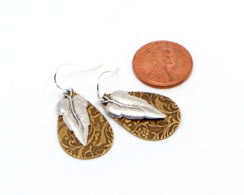 Silver Leaf Earrings, Mixed Metal Rustic Boho Style Lightweight Everyday Nature Inspired Jewelry. Silver Leaf with Embossed Brass Teardrop. image 5