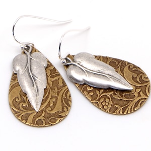 Silver Leaf Earrings, Mixed Metal Rustic Boho Style Lightweight Everyday Nature Inspired Jewelry. Silver Leaf with Embossed Brass Teardrop. image 1