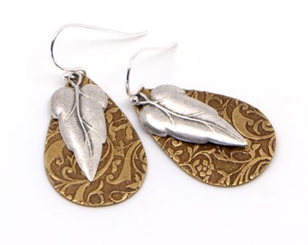 Silver Leaf Earrings, Mixed Metal Rustic Boho Style Lightweight Everyday Nature Inspired Jewelry. Silver Leaf with Embossed Brass Teardrop.