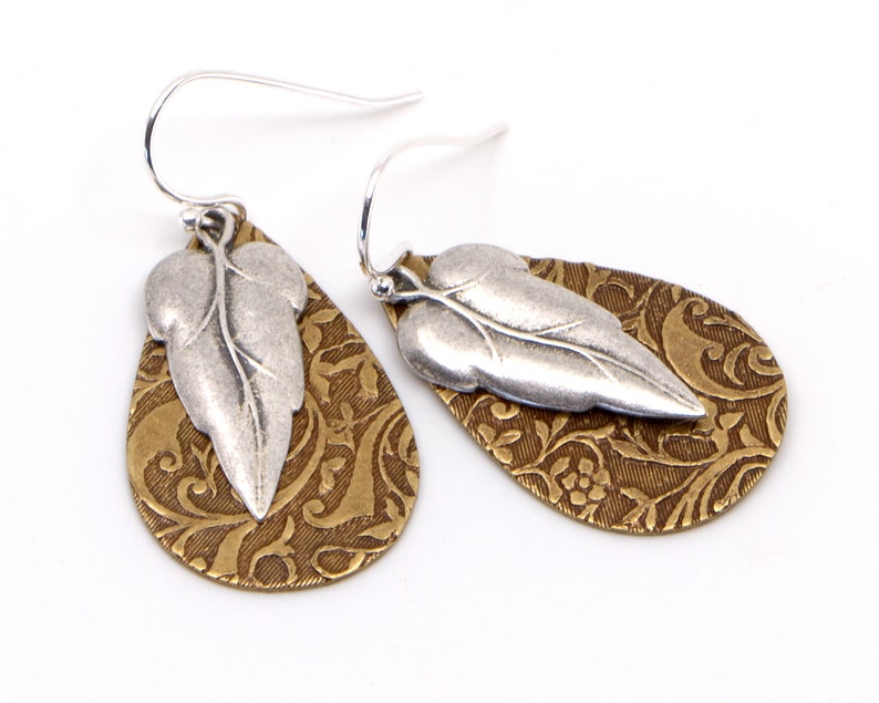 Silver Leaf Earrings, Mixed Metal Rustic Boho Style Lightweight Everyday Nature Inspired Jewelry. Silver Leaf with Embossed Brass Teardrop. image 1