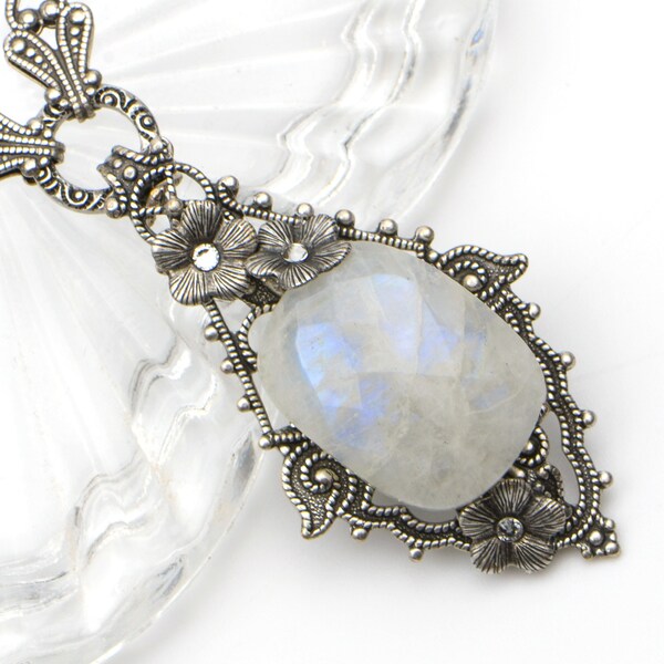 Victorian Rainbow Moonstone Necklace for Women. Perfect for a boho wedding or any occasion a unique handmade jewelry set in antiqued silver.