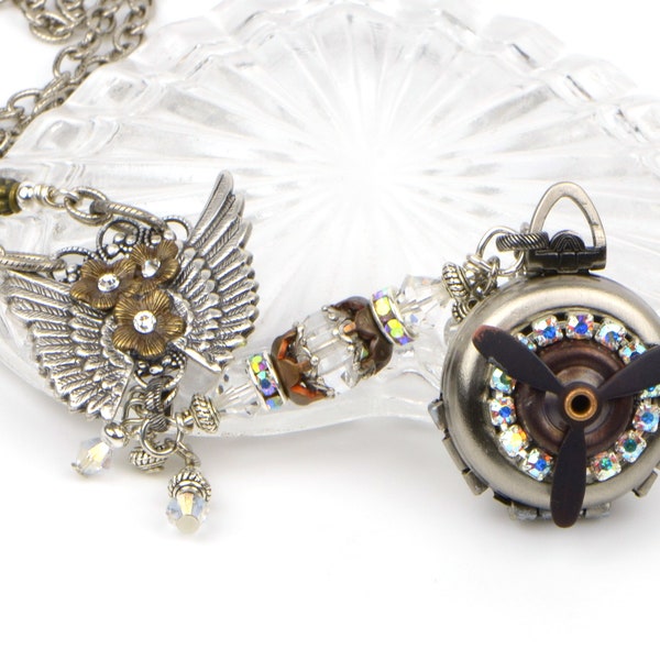 Victorian Steampunk Locket, Antique Silver Photo Locket Necklace With Crystal Beads and Moving Propeller, Gift for Pilot or Aviation Lover