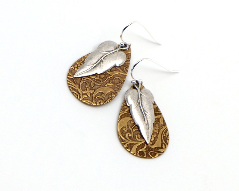 Silver Leaf Earrings, Mixed Metal Rustic Boho Style Lightweight Everyday Nature Inspired Jewelry. Silver Leaf with Embossed Brass Teardrop. image 6