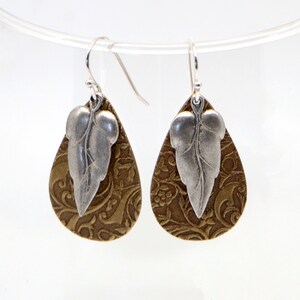 Silver Leaf Earrings, Mixed Metal Rustic Boho Style Lightweight Everyday Nature Inspired Jewelry. Silver Leaf with Embossed Brass Teardrop. image 2