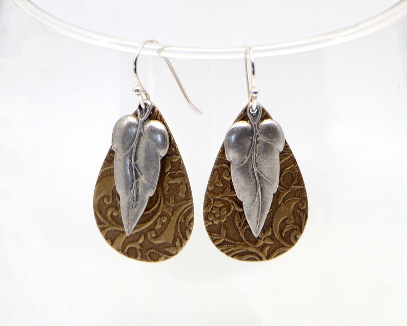 Silver Leaf Earrings, Mixed Metal Rustic Boho Style Lightweight Everyday Nature Inspired Jewelry. Silver Leaf with Embossed Brass Teardrop. image 2