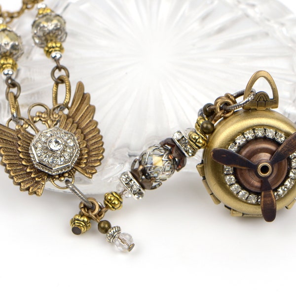 Multi Photo Locket Necklace, Antique Gold Locket Holds 4 Photos With Crystal Beads and Moving Propeller, Gift for Pilot Aviation Lover