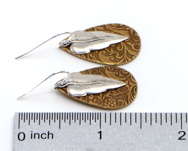 Silver Leaf Earrings, Mixed Metal Rustic Boho Style Lightweight Everyday Nature Inspired Jewelry. Silver Leaf with Embossed Brass Teardrop. image 4