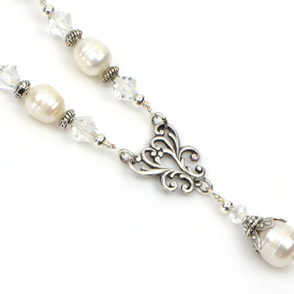 Single Pearl Necklace, Elegant White Freshwater Pearl with Crystal Beads and Silver Filigree, Bridesmaid Gift, Mother's Day Gift For Women