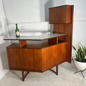 Mid Century Modern Teak Cocktail Home Dry Bar By Turnidge With Side Panel