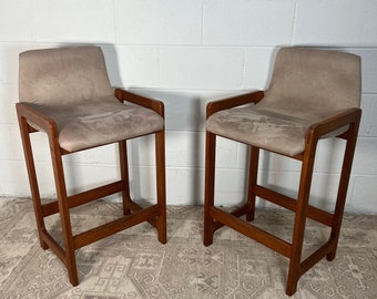 Pair Of Mid Century Modern Teak Bar Stools By D-Scan Counter Height