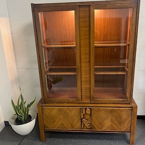 Mid Century Modern Tiki Brutalist Buffet Hutch Display China Cabinet With Lights image 1