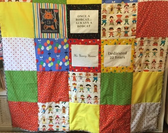 Handmade Photo Memory Quilt, Teacher Retirement Gift, Keepsake Heirloom