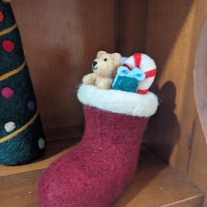 Needle Felt Christmas - Christmas Stocking with Gifts - Teddy Bear - Candy Cane - Wool Holiday Decoration