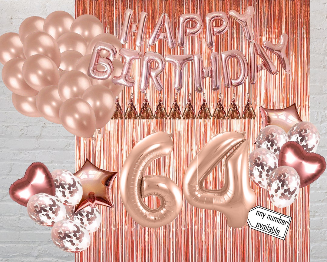 Decoraciones de la fiesta de cumpleaños para el 64 cumpleaños rosa oro globo  foto cabina telón de fondo oro rosa cumpleaños borla proporciona feliz  cumpleaños banner -  México