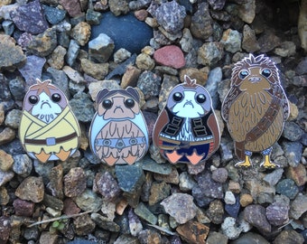 Luke Leia Han and Chewie Porgs in Silver Hard Enamel Pin Set, Leia Porgana, Luke Porgawalker , Porgbacca, Pin, Star Wars Pins, Porg Pins