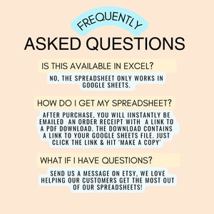 Puede incluir: Gr&aacute;fico de color melocot&oacute;n con el texto "FREQUENTLY ASKED QUESTIONS". El texto responde preguntas sobre una hoja de c&aacute;lculo, incluida la disponibilidad en Excel, c&oacute;mo acceder a ella y d&oacute;nde hacer preguntas. Las respuestas est&aacute;n en negro.