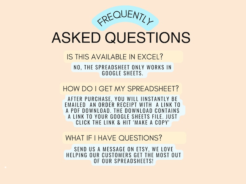 Puede incluir: Gr&aacute;fico de color melocot&oacute;n con el texto "FREQUENTLY ASKED QUESTIONS". El texto responde preguntas sobre una hoja de c&aacute;lculo, incluida la disponibilidad en Excel, c&oacute;mo acceder a ella y d&oacute;nde hacer preguntas. Las respuestas est&aacute;n en negro.