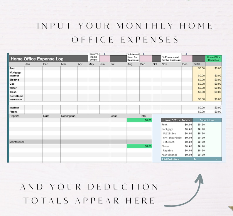 May include: A printable home office expense log spreadsheet with columns for monthly expenses, totals, and deductions. The spreadsheet includes categories for rent, mortgage, interest, utilities, internet, phone, and repairs.