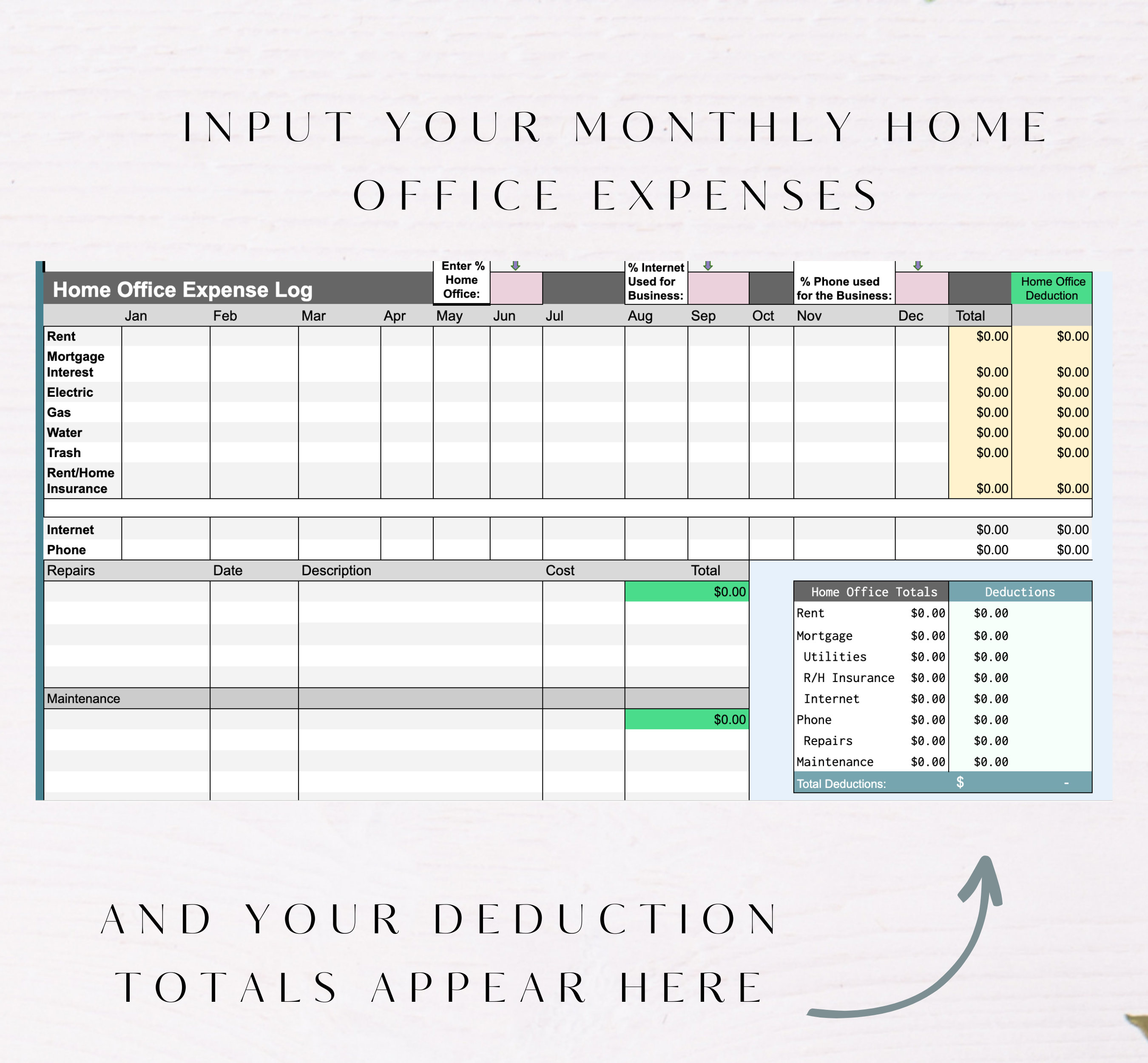 Home Office Deduction Calculator Tax Spreadsheet Home Office Etsy