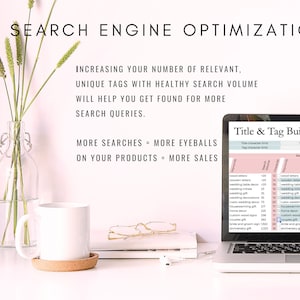 May include: A laptop computer screen displaying a spreadsheet titled "Title & Tag Builder". The spreadsheet is used to help Etsy sellers optimize their product listings for search engines. The spreadsheet includes columns for "Title Character Limit", "Tag Character Limit", "Research", and "Keywords".