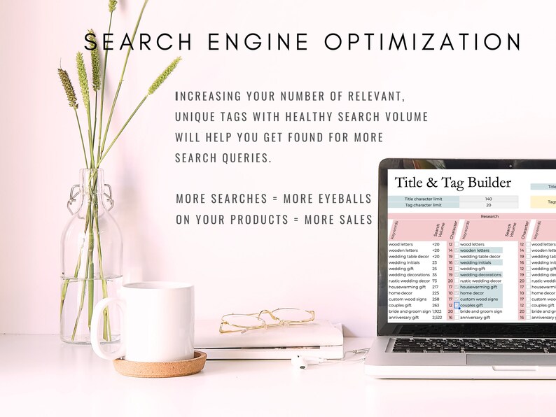 May include: A laptop computer screen displaying a spreadsheet titled "Title & Tag Builder". The spreadsheet is used to help Etsy sellers optimize their product listings for search engines. The spreadsheet includes columns for "Title Character Limit", "Tag Character Limit", "Research", and "Keywords".