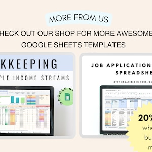 May include: A digital image showing two Google Sheets templates. The first template is for bookkeeping and tracking multiple income streams. The second template is for tracking job applications. The text "20% off when you buy 2 or more" is displayed in a yellow starburst.
