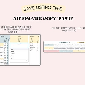 May include: A screenshot of a computer screen showing a spreadsheet with columns labeled "Keywords", "Search Volume", "Character", "Tools", "Repeats", and "Count". The spreadsheet is used to help Etsy sellers save time by automatically copying and pasting tags and titles into their listings. The spreadsheet includes a drop-down list of common Etsy tags, such as "wood letters", "wedding table decor", and "wedding gift".