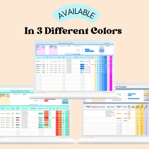 Peut inclure: Trois captures d'&eacute;cran d'un ordinateur montrant un tableur de suivi des candidatures universitaires dans trois palettes de couleurs diff&eacute;rentes&nbsp;: bleu, rose et jaune. Le tableur est organis&eacute; par universit&eacute; et comprend des colonnes pour les dates limites de candidature, le statut de la candidature et d'autres informations importantes.