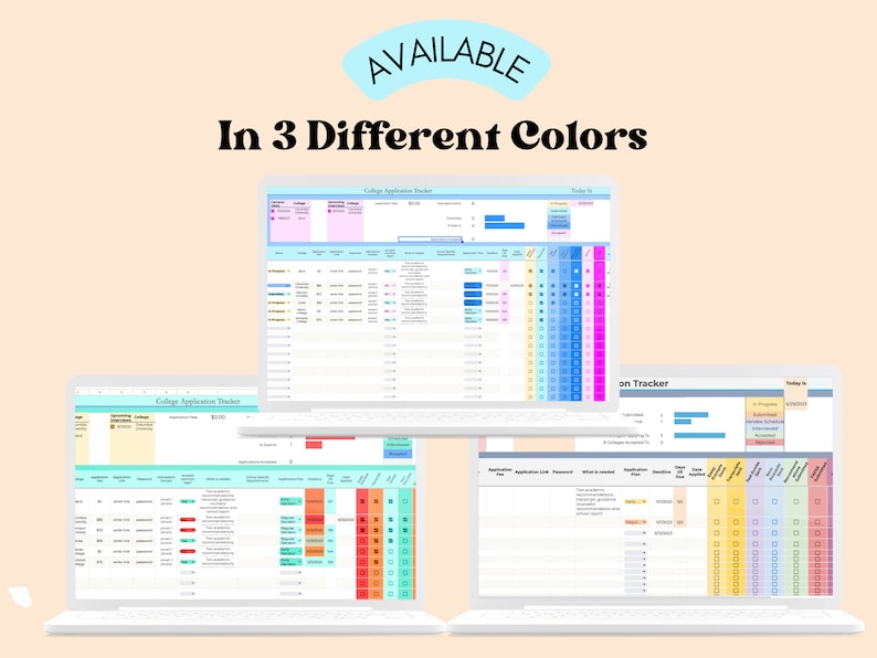 Peut inclure: Trois captures d'&eacute;cran d'un ordinateur montrant un tableur de suivi des candidatures universitaires dans trois palettes de couleurs diff&eacute;rentes&nbsp;: bleu, rose et jaune. Le tableur est organis&eacute; par universit&eacute; et comprend des colonnes pour les dates limites de candidature, le statut de la candidature et d'autres informations importantes.