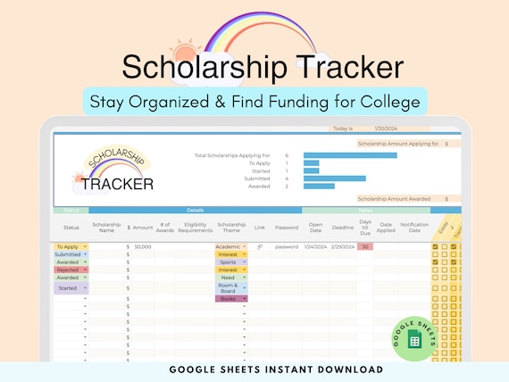 Scholarship Tracker Google Sheets College Planning Spreadsheet School Scholarship Application Organizer Student Digital Academic Planner