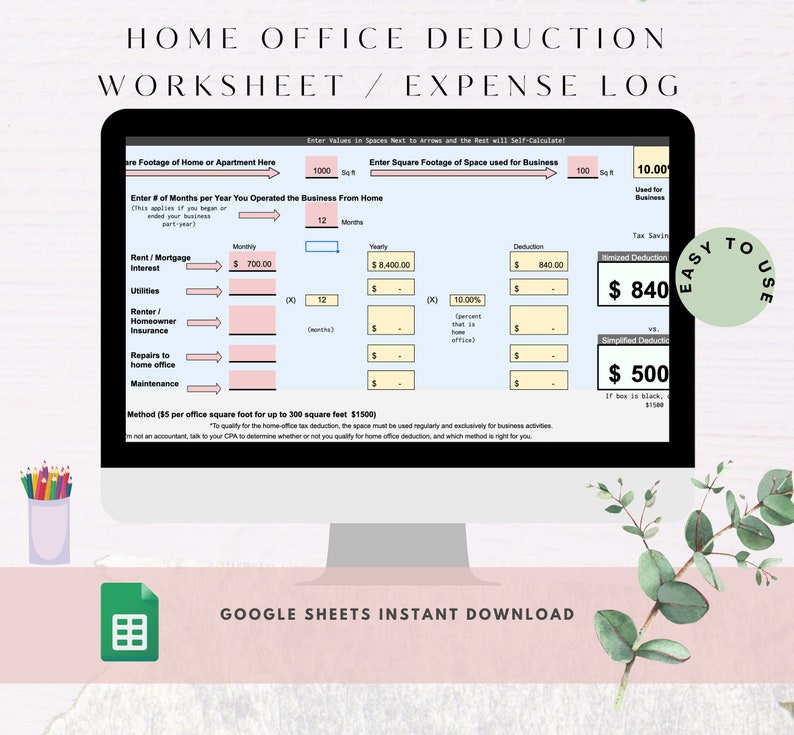May include: A printable home office deduction worksheet and expense log spreadsheet template in a computer screen. The worksheet includes sections for entering monthly and yearly expenses, calculating deductions, and determining tax savings. The template is titled "Home Office Deduction Worksheet / Expense Log" and includes the text "Easy to Use" and "Google Sheets Instant Download".