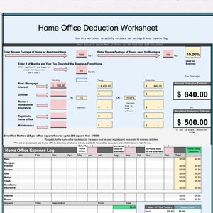 May include: A home office deduction worksheet with a table to calculate the amount of tax savings for a home office. The worksheet includes sections for rent, mortgage, interest, utilities, homeowner insurance, repairs to home office, and maintenance. The worksheet also includes a simplified method for calculating the deduction.