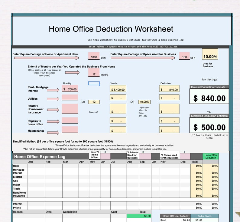 Home Office Deduction Calculator Tax Spreadsheet Home Office Etsy