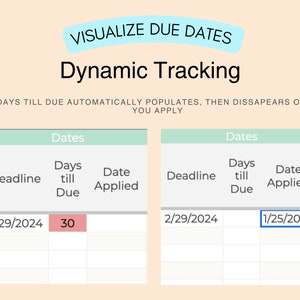 Puede incluir: Un gr&aacute;fico digital con el texto "VISUALIZE DUE DATES" y "Dynamic Tracking". Muestra dos tablas con fechas y plazos. La primera tabla resalta "30" d&iacute;as hasta la fecha l&iacute;mite. La segunda tabla muestra una fecha de aplicaci&oacute;n.