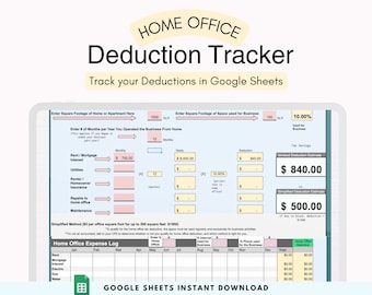 Home Office Deduction Spreadsheet for Small Business Bookkeeping, Tax Calculator Planner, Google Sheets Home Office Expense Tracker