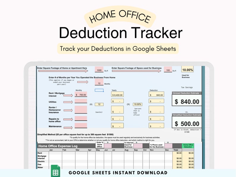 May include: A Google Sheets spreadsheet template for tracking home office deductions. The spreadsheet includes sections for entering square footage, monthly and yearly expenses, and estimated deductions. The template is designed to help users track their home office expenses and maximize their tax deductions.