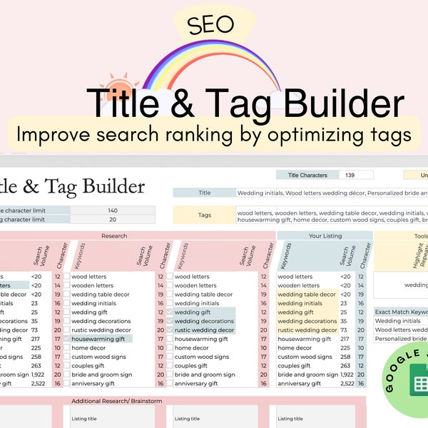 Etsy SEO Tags Planner Keyword Research Organizer for Ranking High in Search Engine Optimization Tool Etsy Listing Helper for Google Sheets