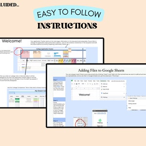 Peut inclure: Une capture d'&eacute;cran d'un ordinateur montrant les instructions d'utilisation d'un application de suivi sur Google Sheets. Les instructions comprennent l'ajout de fichiers &agrave; Google Sheets et l'utilisation des boutons "Ins&eacute;rer" et "Ajouter un lien". La capture d'&eacute;cran montre &eacute;galement un message de bienvenue et une section intitul&eacute;e "Mon coll&egrave;ge de r&ecirc;ve".
