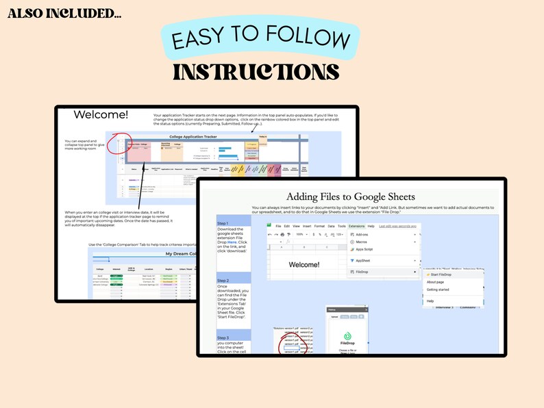 Peut inclure: Une capture d'&eacute;cran d'un ordinateur montrant les instructions d'utilisation d'un application de suivi sur Google Sheets. Les instructions comprennent l'ajout de fichiers &agrave; Google Sheets et l'utilisation des boutons "Ins&eacute;rer" et "Ajouter un lien". La capture d'&eacute;cran montre &eacute;galement un message de bienvenue et une section intitul&eacute;e "Mon coll&egrave;ge de r&ecirc;ve".