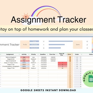 Pode incluir: Um modelo de planilha do Google Sheets para acompanhar as tarefas. O modelo tem colunas para a turma, a tarefa, a atividade, a prioridade, o prazo, a hora limite, os dias até o prazo, concluído, a nota e as notas. O modelo foi projetado para ajudar os alunos a acompanhar suas tarefas e planejar suas aulas.