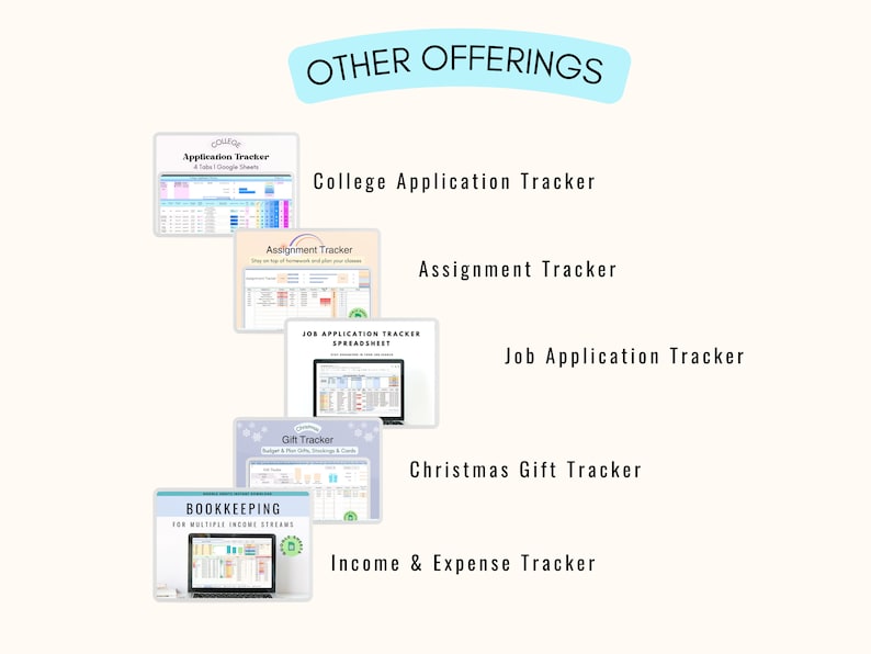 Puede incluir: Imagen que muestra varios rastreadores digitales, incluyendo un rastreador de solicitudes universitarias, un rastreador de tareas, un rastreador de solicitudes de empleo, un rastreador de regalos de Navidad y un rastreador de ingresos y gastos. El texto "OTHER OFFERINGS" est&aacute; en la parte superior.