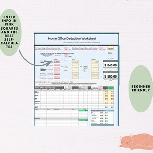 May include: A printable home office deduction worksheet and expense log. The worksheet includes sections for entering square footage, business use, and expenses. The expense log is a table to track monthly expenses.