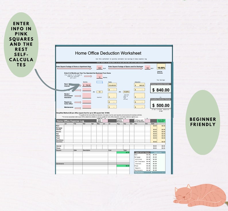 May include: A printable home office deduction worksheet and expense log. The worksheet includes sections for entering square footage, business use, and expenses. The expense log is a table to track monthly expenses.