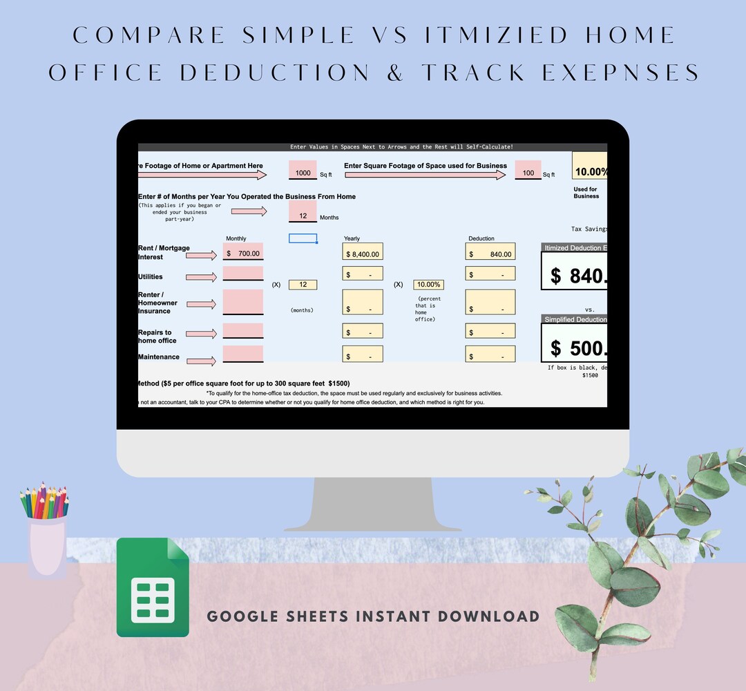 Home Office Deduction Calculator Tax Spreadsheet Small Business Planner