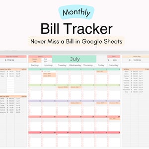 Op de afbeelding: Een digitale kalender spreadsheet voor het bijhouden van maandelijkse rekeningen. De spreadsheet heeft de titel "Maandelijkse Rekening Tracker" en bevat een kalender voor juli 2024 met een lijst van rekeningen en hun vervaldagen. De spreadsheet bevat ook een sectie voor variabele en vaste kosten.