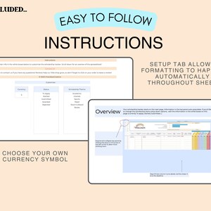 Puede incluir: Una captura de pantalla de una hoja de c&aacute;lculo digital con el texto "Instrucciones f&aacute;ciles de seguir". La imagen incluye el texto "Tambi&eacute;n incluido" y "Elige tu propio s&iacute;mbolo de moneda".